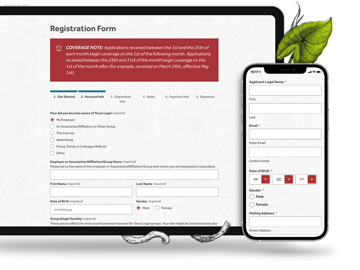 A tablet and phone view of the multi-step registration form